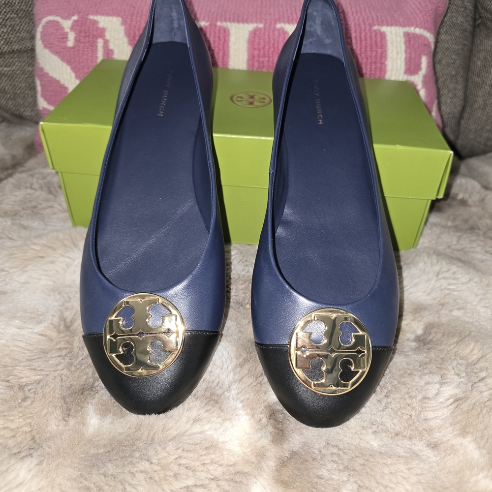 Tory Burch Blue and Black Loafers with Gold Emblem